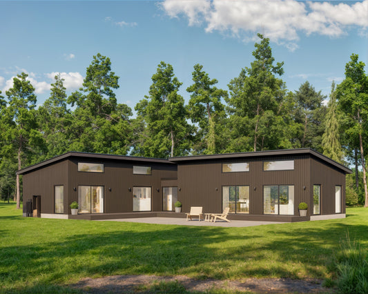 Shed Roof Modern Cabin House, L-shaped House, 3 Bedroom