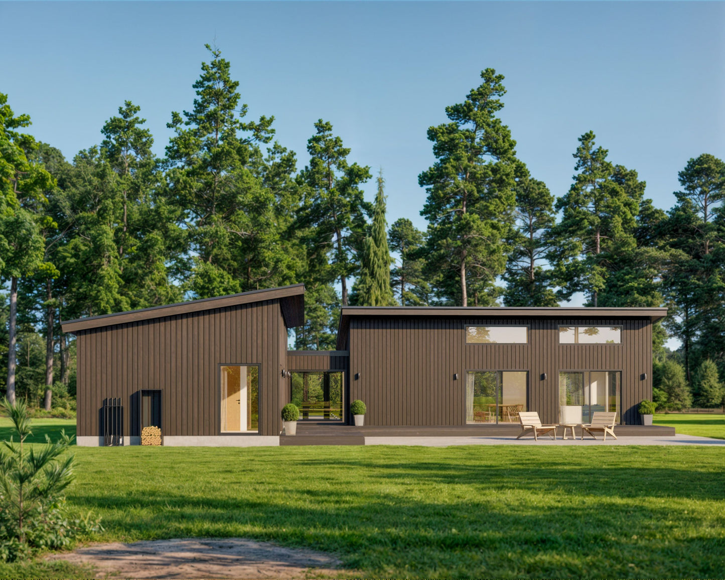 Shed Roof Modern Cabin House, L-shaped House, 3 Bedroom