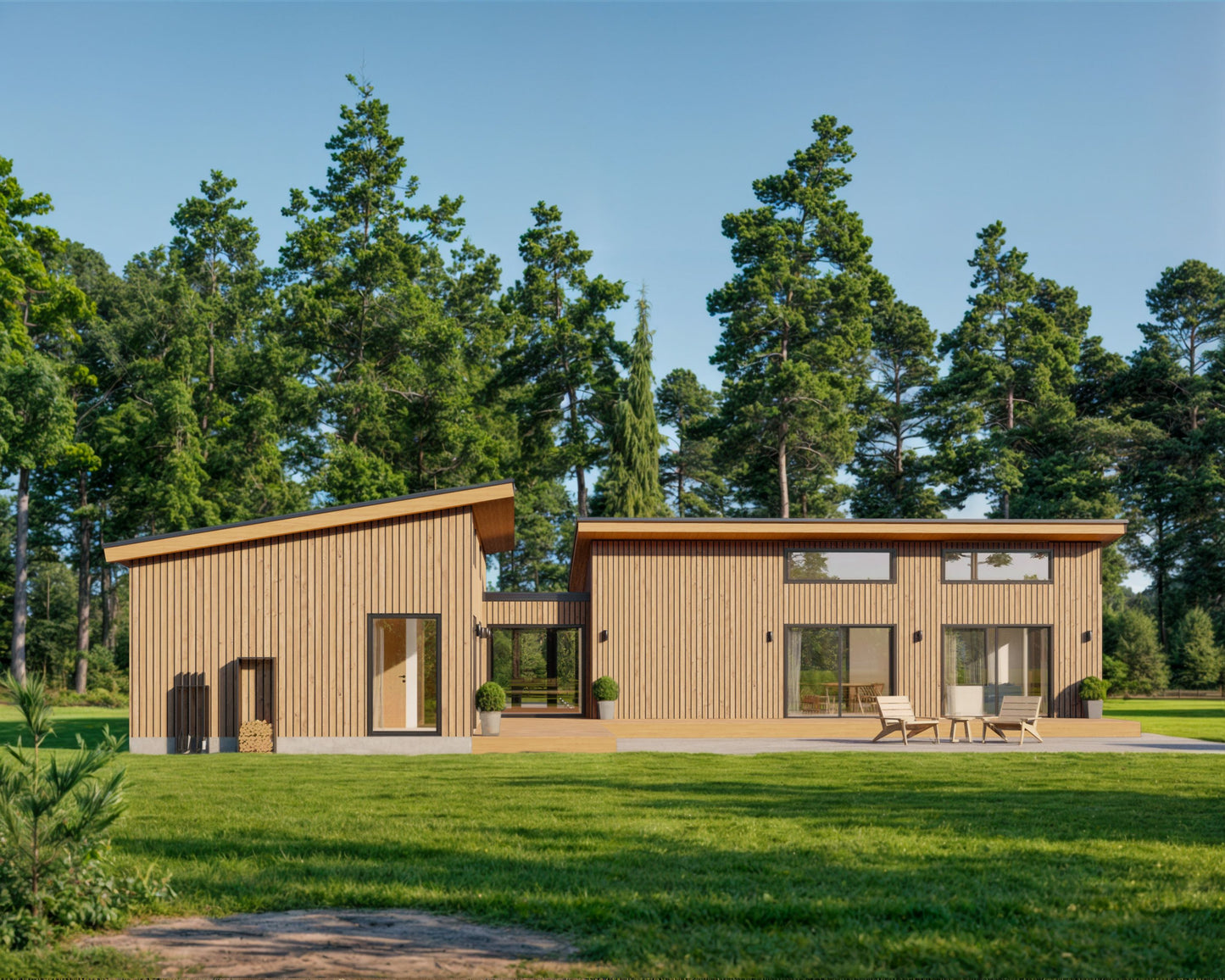 Shed Roof Modern Cabin House, L-shaped House, 3 Bedroom