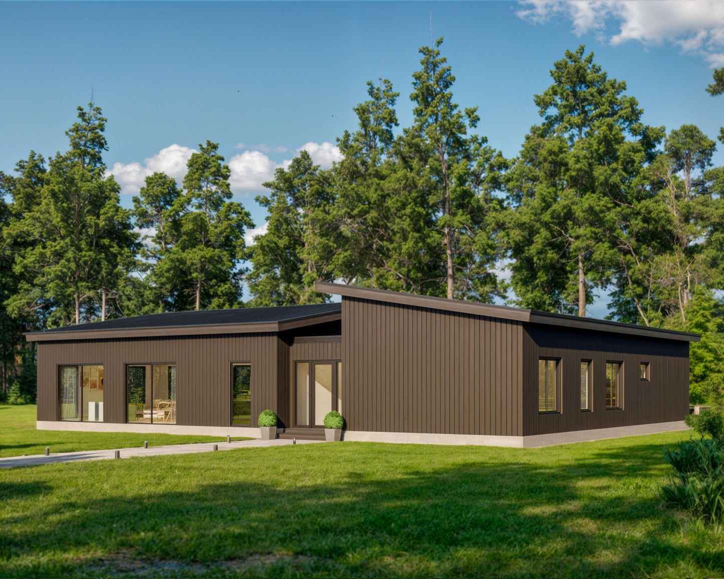 Shed Roof Modern Cabin House, L-shaped House, 3 Bedroom