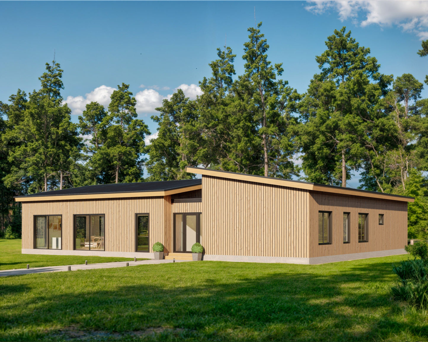 Shed Roof Modern Cabin House, L-shaped House, 3 Bedroom