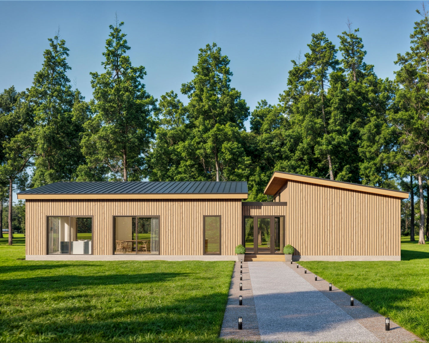 Shed Roof Modern Cabin House, L-shaped House, 3 Bedroom