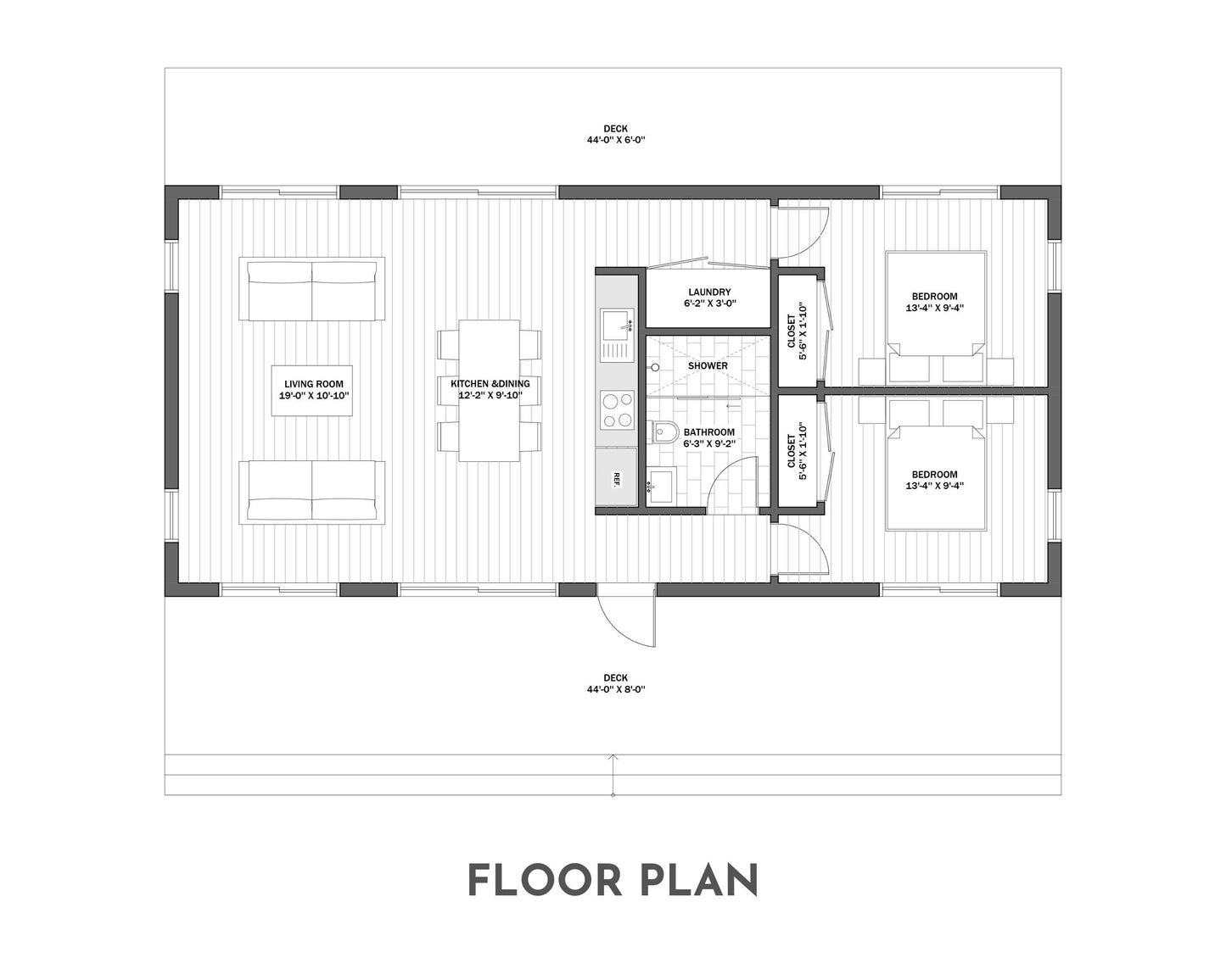 Shed Roof Cabin House, 2 Bedroom, 20’ x 44’